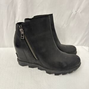 Sorel Boots Womens 7.5 Joan of Arctic Wedge II Booties Black Leather Side Zip